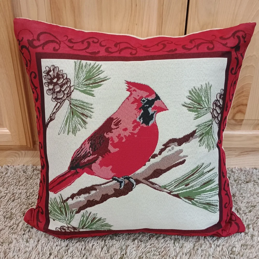 Vintage Cardinal Bird On Pine Branch Tapestry Throw Pillow Red Tan 18x18